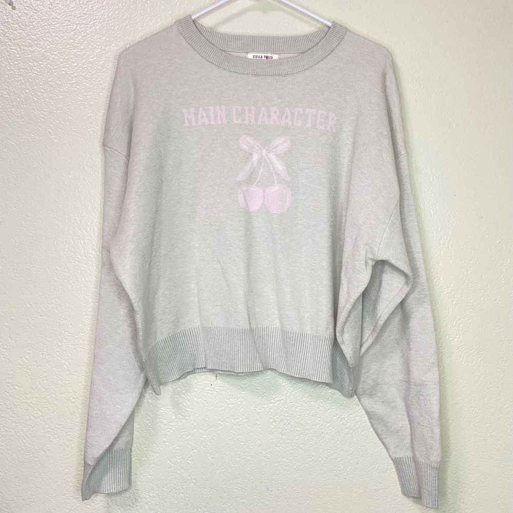 Stella Tweed Main Character Cherry Bow Graphic Knit Sweater Grey Size Large